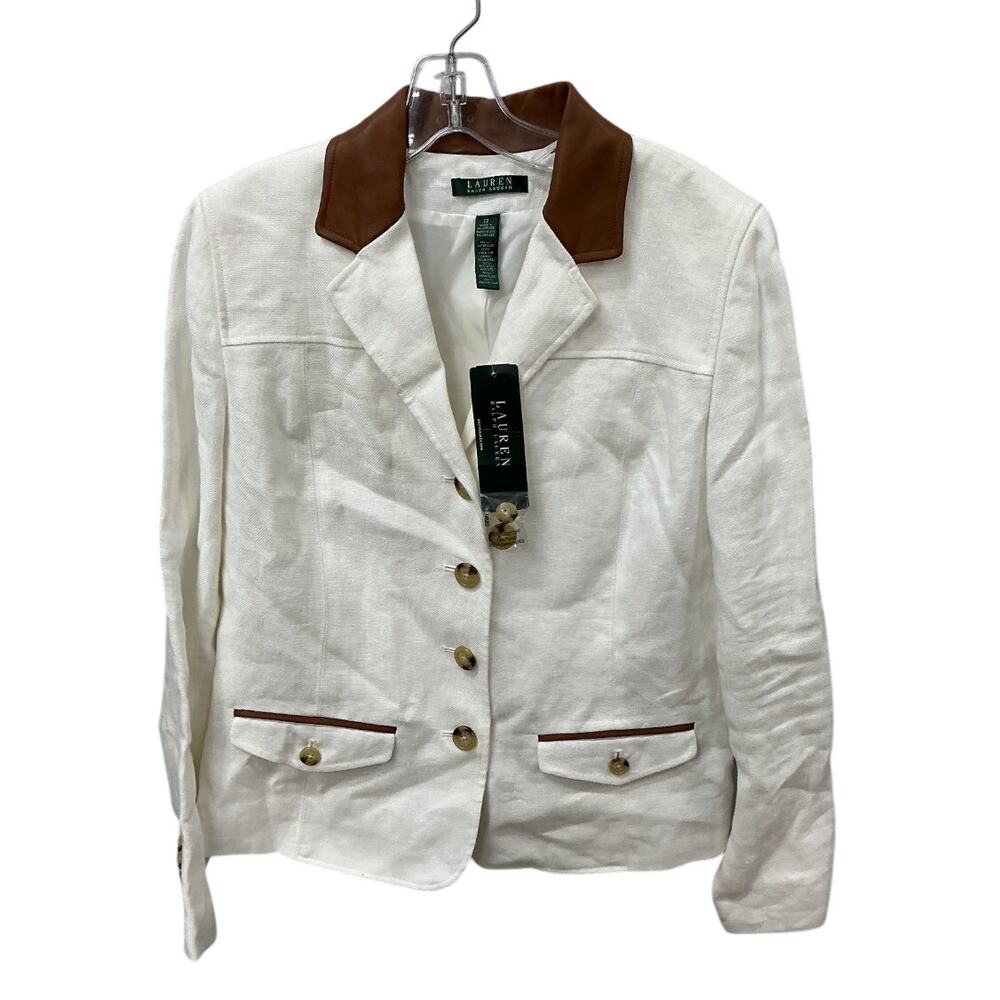 Lauren Ralph Lauren Linen Blazer Sz 12 White Linen Leather Trim Collar NWT